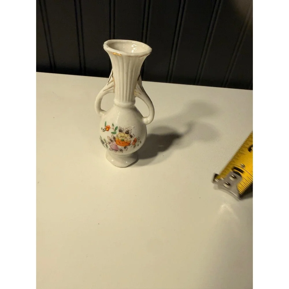 Vintage Miniature Porcelain Bud Vase Double Handle Floral Gold Trim Japan 4 Inch